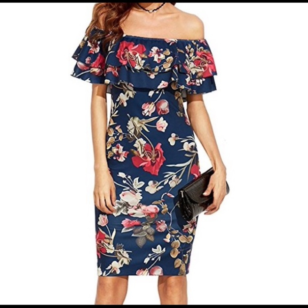 Floral Ruffle Off Shoulder Bodycon Dress